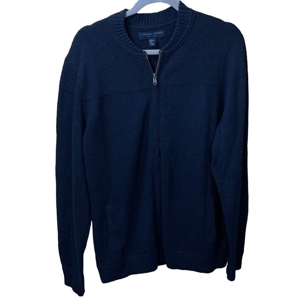 Thomas Parker Men's Full Zip Crew Neck Cardigan Sweater Navy Blue Size XL Extra